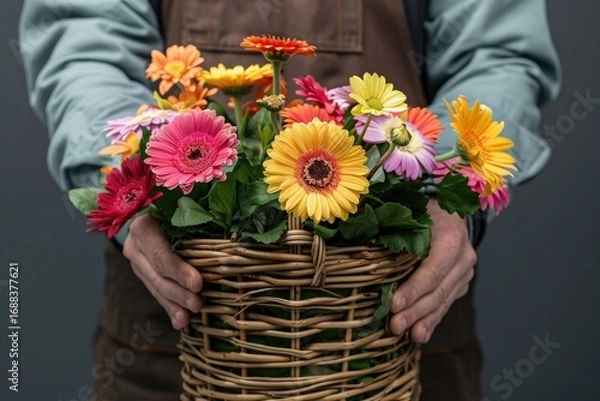 Obraz Vibrant Image of Closeup Florist Holding Flower Basket