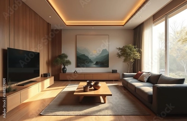 Fototapeta Contemporary Korean-style family room featuring modern living space with minimalist decor. Includes grey sofa, wooden furniture, large television. Natural light streams through floor-to-ceiling