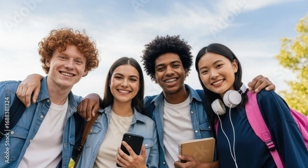 Fototapeta Diverse Group of Smiling Friends Embracing Joy and Togetherness in a Portrait of Unity and Connection