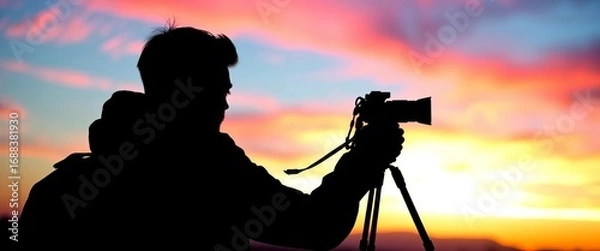 Fototapeta Silhouette of photographer capturing sunset with tripod-mounted camera,  shot,  tripod