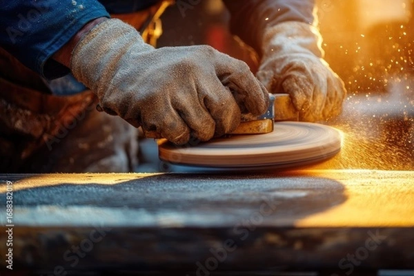 Fototapeta Hands Man with Electrical Rotating Brush Metal Disk Sanding a Piece of Wood