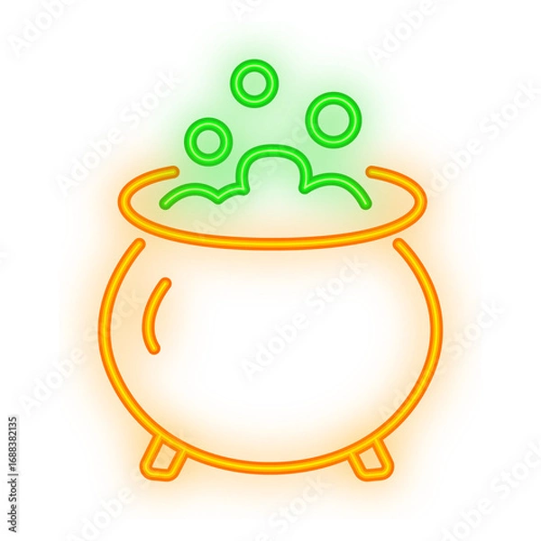 Obraz Doodle Neon Signboard of a glowing orange witch cauldron with green bubbling potion, perfect for Halloween decoration and transparent design
