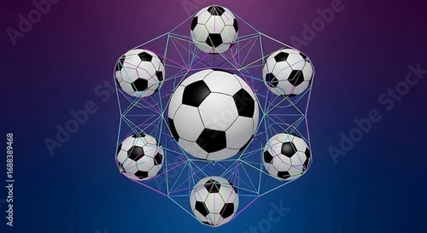 Fototapeta Futuristic Network Connection of Soccer Balls with Digital Overlay