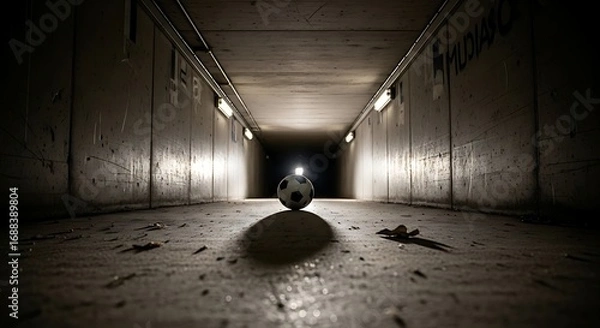 Fototapeta Underground tunnel illuminated corridor with soccer ball casting shadow
