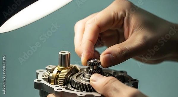 Fototapeta Close-up of a hand assembling mechanical gears in a precision engineering process