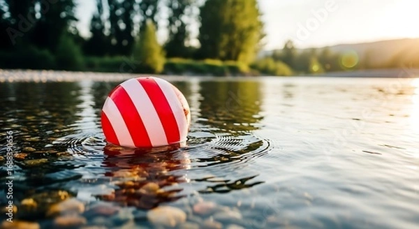 Fototapeta Colorful striped ball floating on calm river surface during sunset