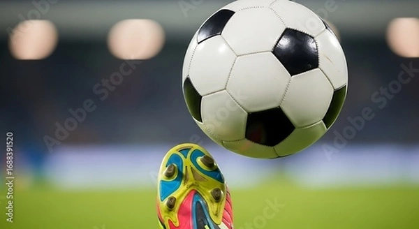 Fototapeta Dynamic soccer ball flying over vibrant football field with stadium background