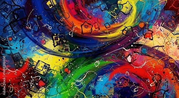 Fototapeta Vibrant Abstract Art with Dynamic Color Swirls and Geometric Elements