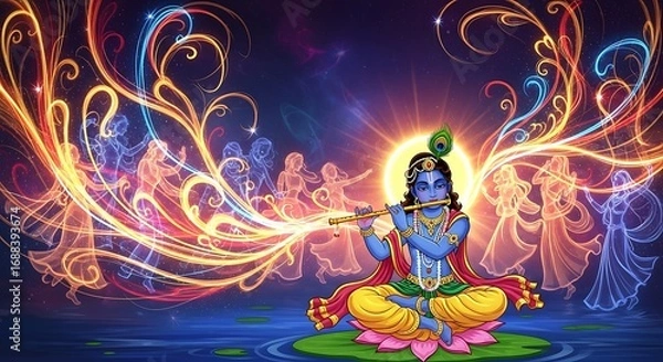 Fototapeta Vibrant Digital Illustration of Lord Krishna Playing Flute with Aura of Celestial Energy