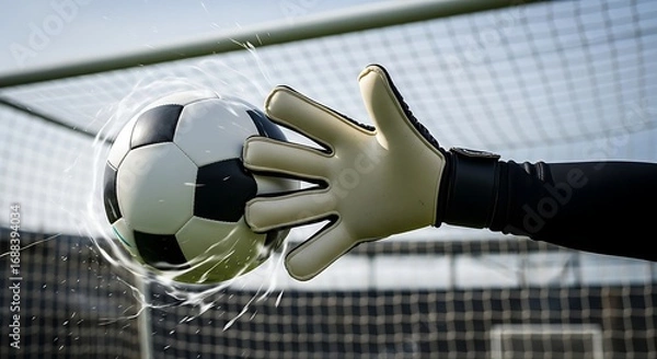 Fototapeta Dynamic Soccer Goalkeeper Making a Save with a Classic Black and White Soccer Ball on Court