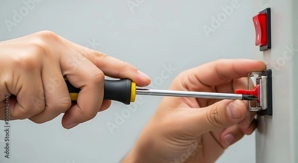 Fototapeta Hands Repairing a Circuit Breaker Switch in Electrical Panel Close-Up