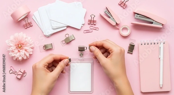Fototapeta Organized pink office supplies with binder clips notepad and paper stacks