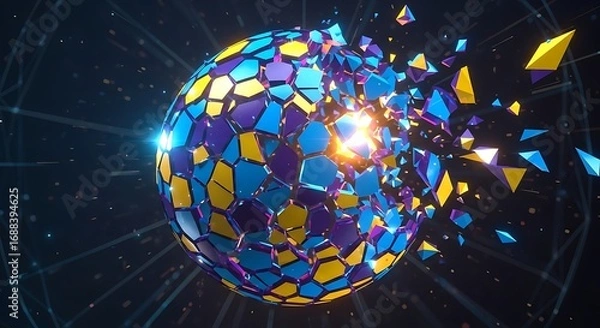 Fototapeta Futuristic Geometric Digital Globe with Fragmented Surfaces and Bright Light Effect