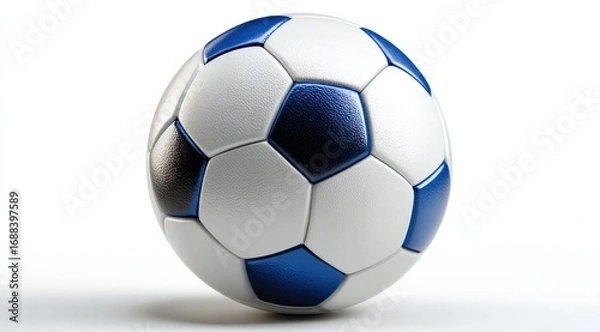 Fototapeta A classic soccer ball, predominantly white, with black and dark blue pentagonal and hexagonal panels, sits on a stark white background, casting a subtle shadow