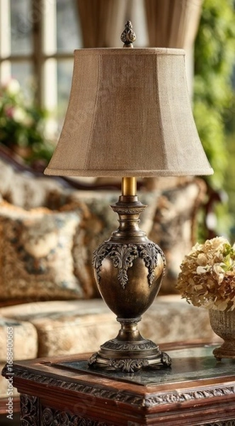 Fototapeta Ornate table lamp with beige shade
