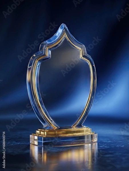 Fototapeta A clear glass award with a gold-trimmed, flame-like design, rests on a reflective surface against a moody blue backdrop.  Its shape is elegant and modern, suggesting achievement or recognition