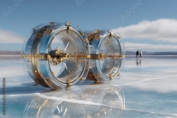 Fototapeta Golden, glass wheels on frozen lake. Two large, transparent wheels with gold accents stand on a frozen lake,  against a clear sky