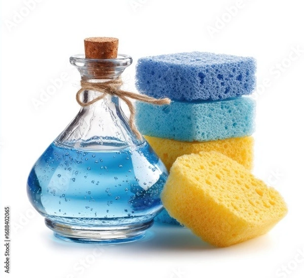 Fototapeta A clear glass bottle with a cork stopper, tied with twine, contains light blue liquid. Beside it sits a stack of three colorful cellulose sponges blue, light blue, and yellow