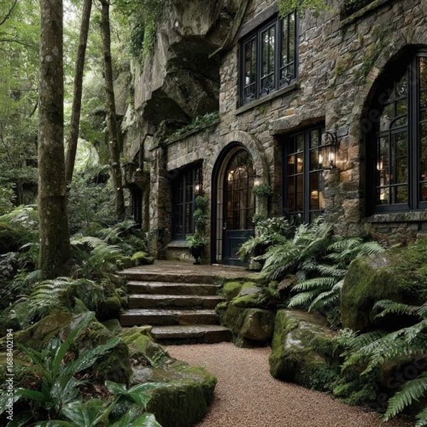 Fototapeta Rustic stone house nestled in a lush forest