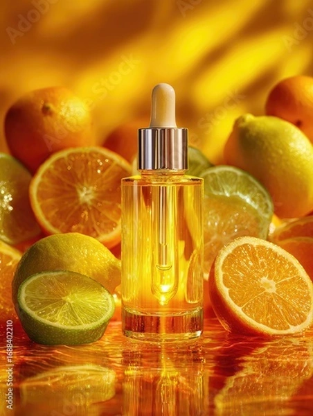 Fototapeta A clear glass bottle with a dropper, filled with golden liquid, sits amidst halved and whole citrus fruits on a reflective surface, bathed in warm, golden light