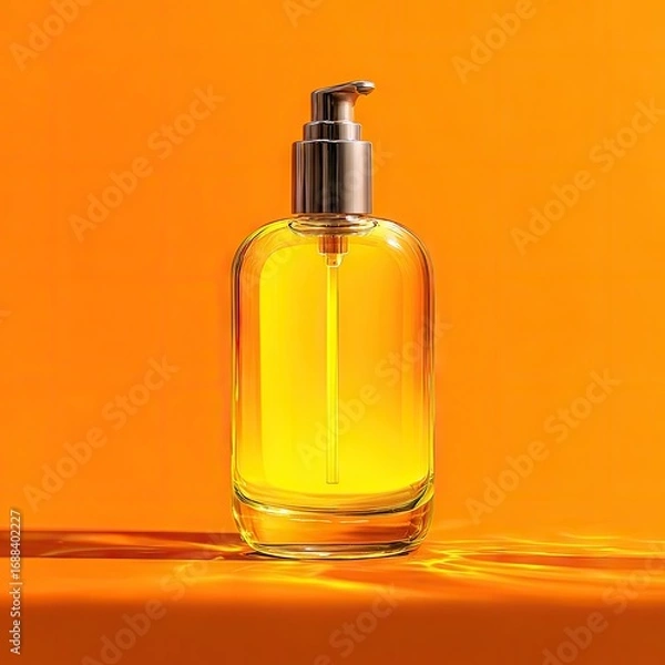 Fototapeta A clear glass bottle with a gold pump dispenser, filled with bright yellow liquid, sits against a vibrant orange background, casting a subtle shadow