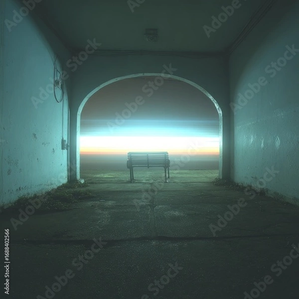 Fototapeta Empty archway, bench, ethereal sunrise