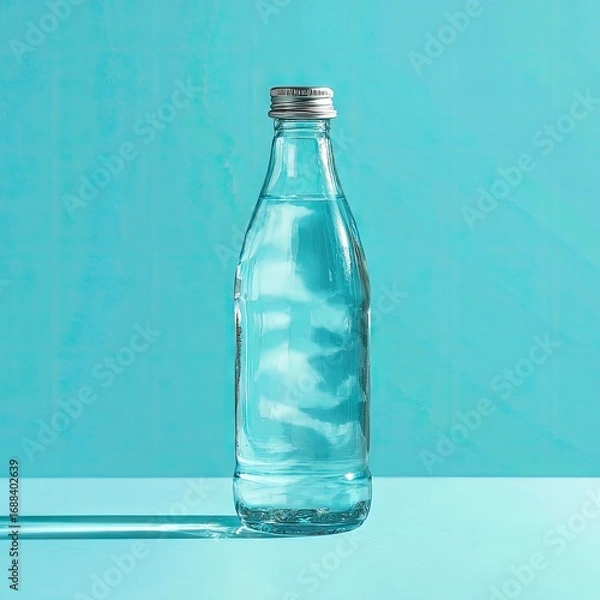 Fototapeta A clear glass bottle with a silver cap, partially filled with water, casts a shadow on a light teal surface against a teal background