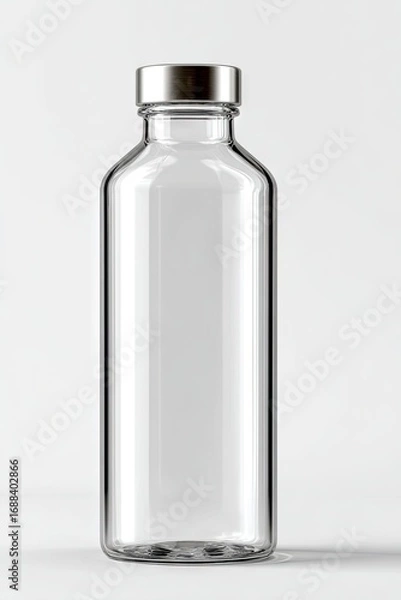 Fototapeta A clear glass bottle with a silver screw-top lid stands on a white background, showcasing its simple, elegant design