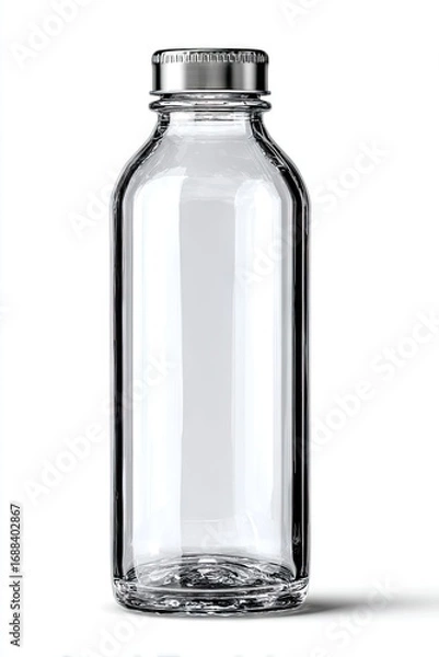 Fototapeta A clear glass bottle with a silver screw-top cap, standing upright against a white background, showcasing its simple, elegant design
