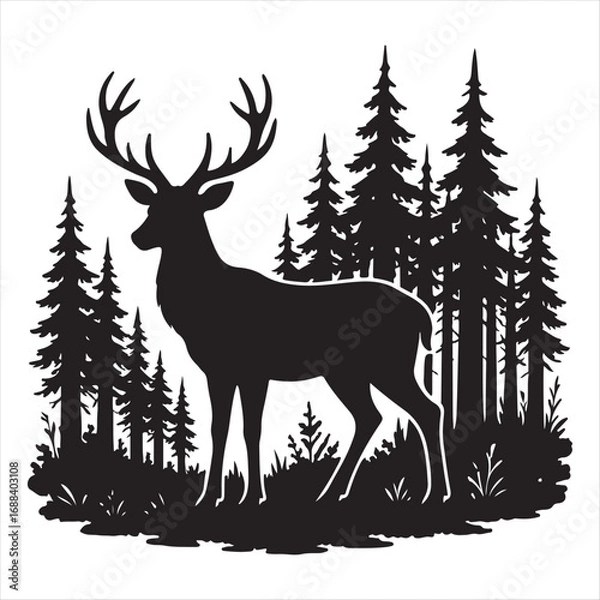 Fototapeta Silhouette of a proud buck with large antlers standing among evergreen pine trees in a natural woodland setting