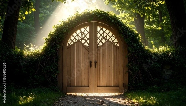 Fototapeta Wooden Gate in Forest with Sunlight Shining Through Ivy
