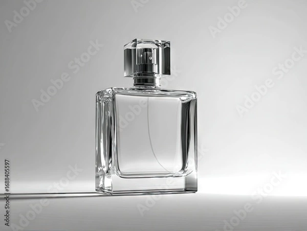 Fototapeta A clear glass perfume bottle with a square base and afaceted, silver-toned cap casts a subtle shadow on a light grey background
