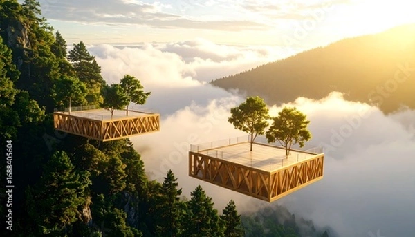 Fototapeta Wooden Platforms Suspended Over Clouds in Mountain Landscape