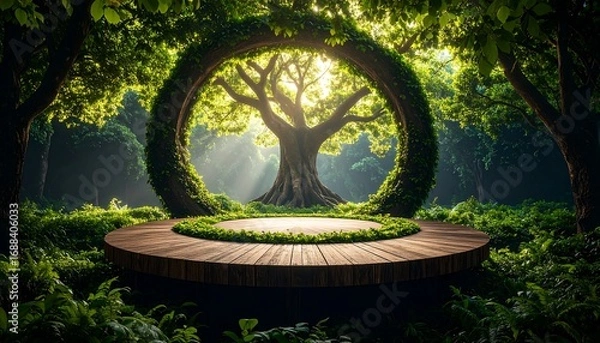 Fototapeta Wooden Stage in Forest Clearing with Large Tree and Circular Archway
