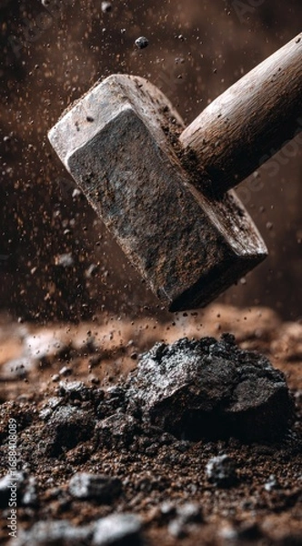 Fototapeta A hammer strikes a chunk of dark material, sending dust and fragments flying. The scene is gritty and textured, with a strong focus on impact