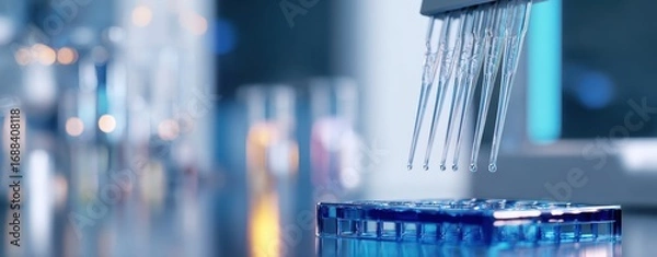 Fototapeta The Multichannel Pipette Dispensing Liquid into a Microplate in Modern Laboratory Setting