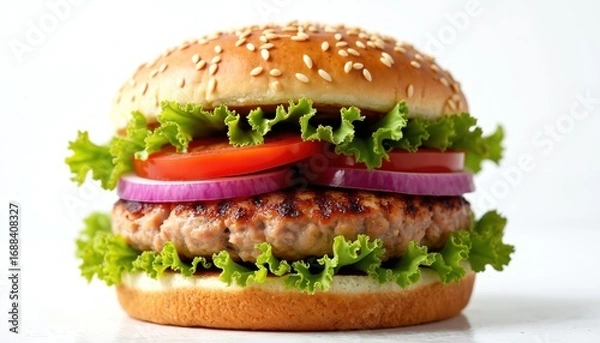 Fototapeta Thick raw turkey burger patty with fresh lettuce, ripe tomato slices, red onion rings on sesame seed bun. Isolated on clean white background, image uses bright natural lighting, perfect for health