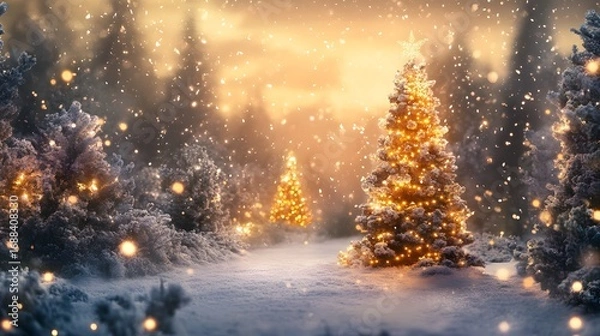 Fototapeta Magical Winter Scene with Glittering Christmas Trees in Snow