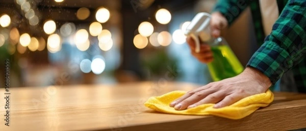 Fototapeta The wooden table being cleaned by hands with spray bottle and yellow cloth