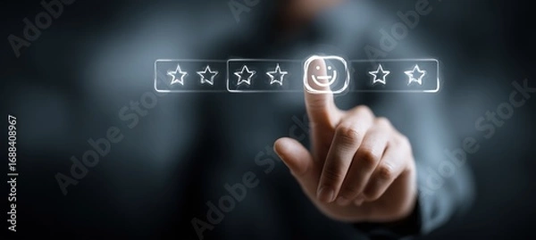 Fototapeta A person's hand selecting a happy face rating from a row of stars. The graphic is a glowing outline on a dark, blurred background