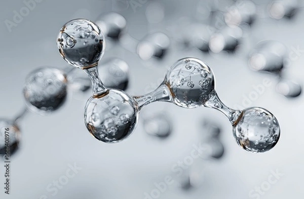 Fototapeta A close-up, detailed 3D render of a molecule structure composed of translucent, spherical nodes connected by slender, glossy bonds, set against a muted gray background