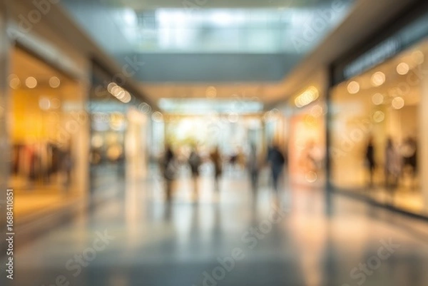 Fototapeta Blurred background of a shopping mall interior, showing storefronts and silhouettes of shoppers. Soft light is filtering through the walkway