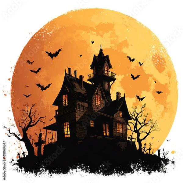 Fototapeta Spooky house, Halloween symbols in illustrative style, isolated on transparent background, professional graphic design, high resolution. 
