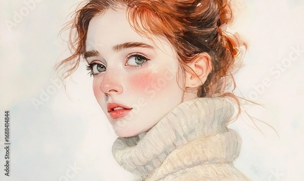 Fototapeta Watercolor portrait of a beautiful woman with red hair in a sweater