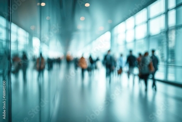 Fototapeta Blurred figures walk in a brightly lit corridor with large windows. The scene evokes a sense of movement and energy with teal tones