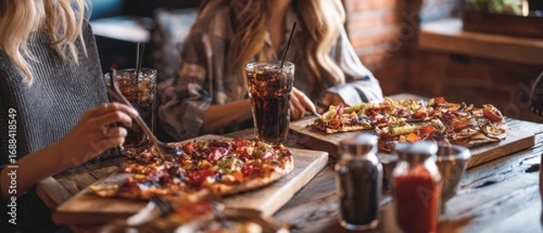 Obraz The Pizza Night with Friends Sharing Rustic Pizzas and Cola Drinks at a Wooden Table