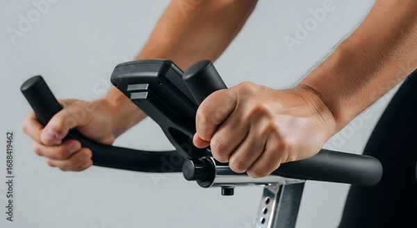 Fototapeta Close-up of a person gripping the handlebars of an exercise bike for fitness training