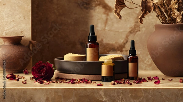 Fototapeta Spa-inspired scene with Ayurvedic face oils, sandalwood scrub