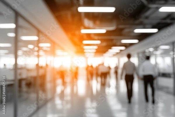 Fototapeta Abstract, blurry view of figures in a modern office corridor with glass walls and bright lighting casting long shadows