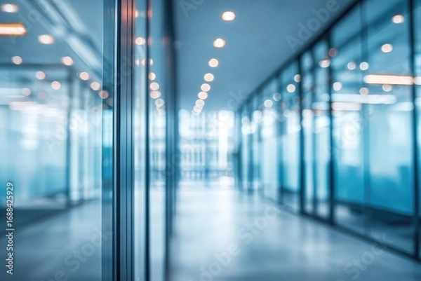 Fototapeta Blurry corridor with glass walls and bright lights. The cool blue hue creates a modern and abstract feel, evoking a sense of movement and openness